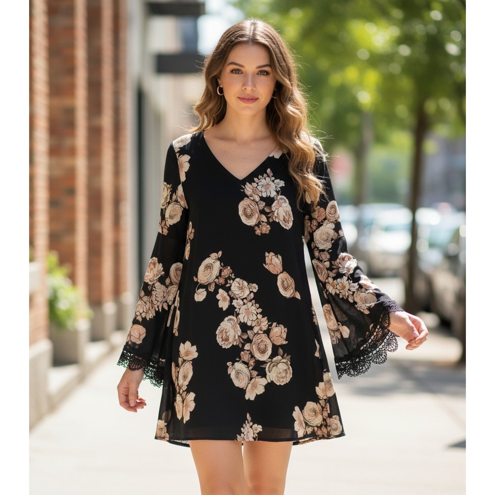 ASTR Dress XS Black Beige Floral Lace Bell Sleeve Mini Boho‎ Whimsigoth Moody